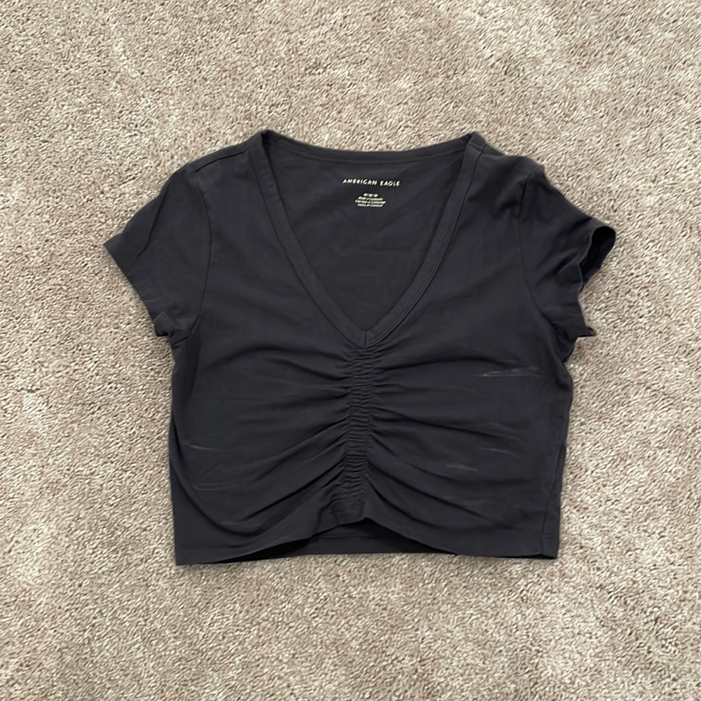 Black American Eagle Crop Top Scrunched